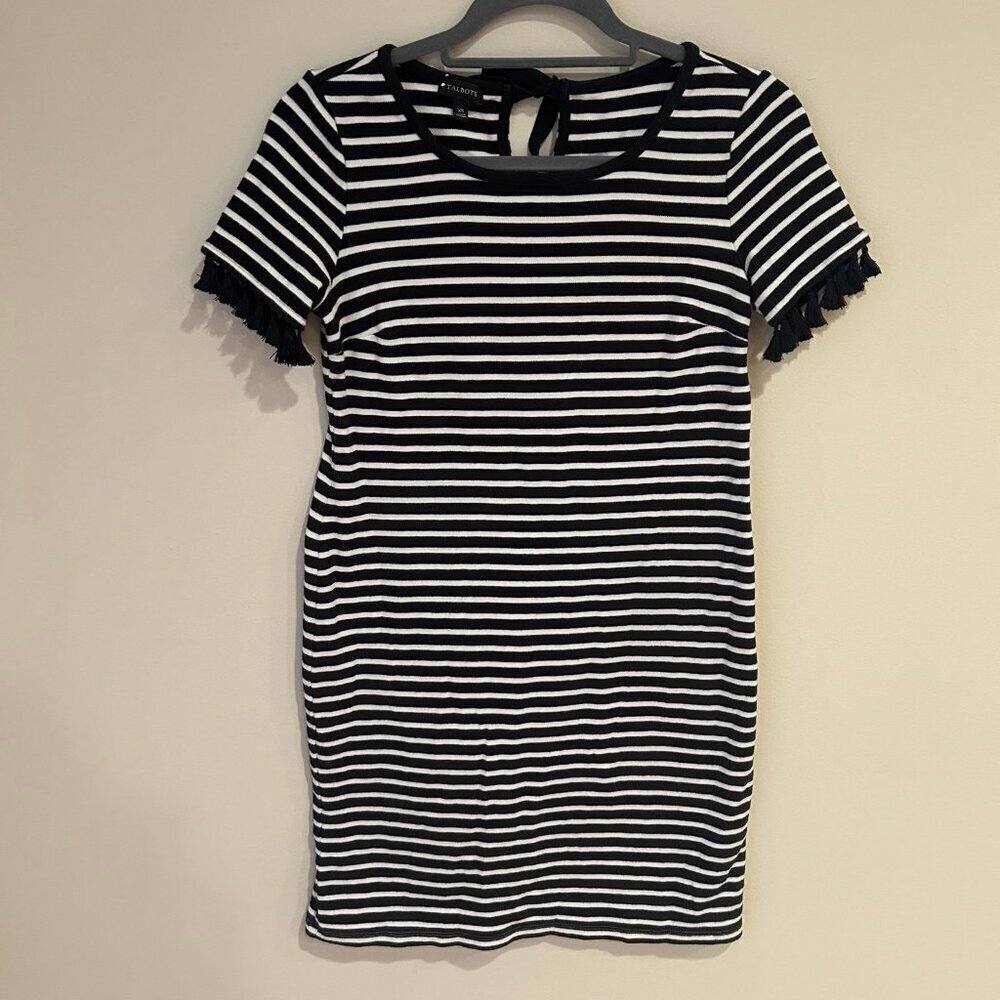 NWOT Talbots Women's XS Black & White Striped Tassel Trim Stretch Knit Dress - Picture 2 of 8